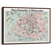 Paris Map | France A4 210 X 297Mm 8.3 11.7 Inches / Canvas Floating Frame: Chocolate Oak Timber