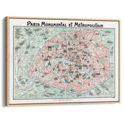 Paris Map | France A4 210 X 297Mm 8.3 11.7 Inches / Canvas Floating Frame: Natural Oak Timber Print
