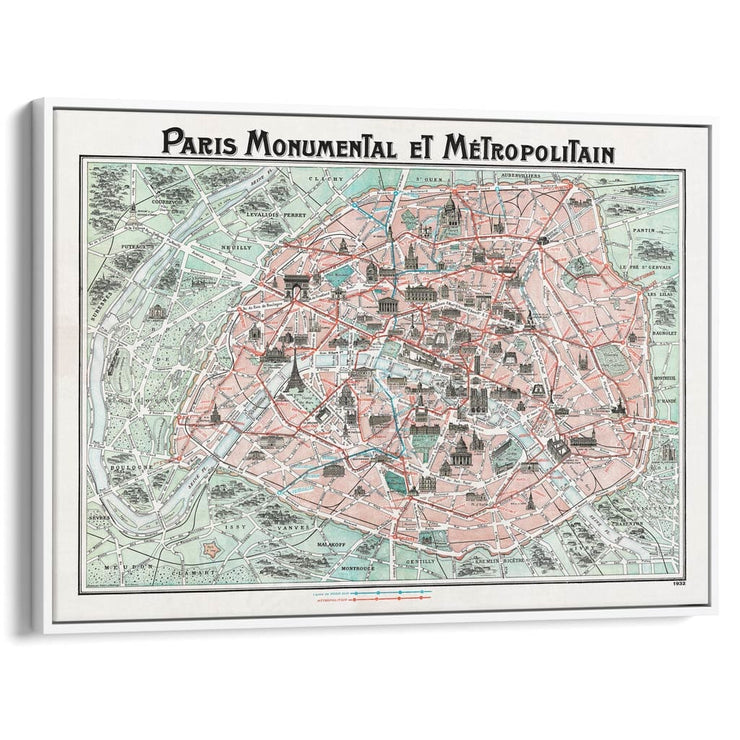Paris Map | France A4 210 X 297Mm 8.3 11.7 Inches / Canvas Floating Frame: White Timber Print Art