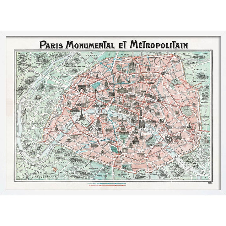 Paris Map | France A4 210 X 297Mm 8.3 11.7 Inches / Framed Print: White Timber Print Art