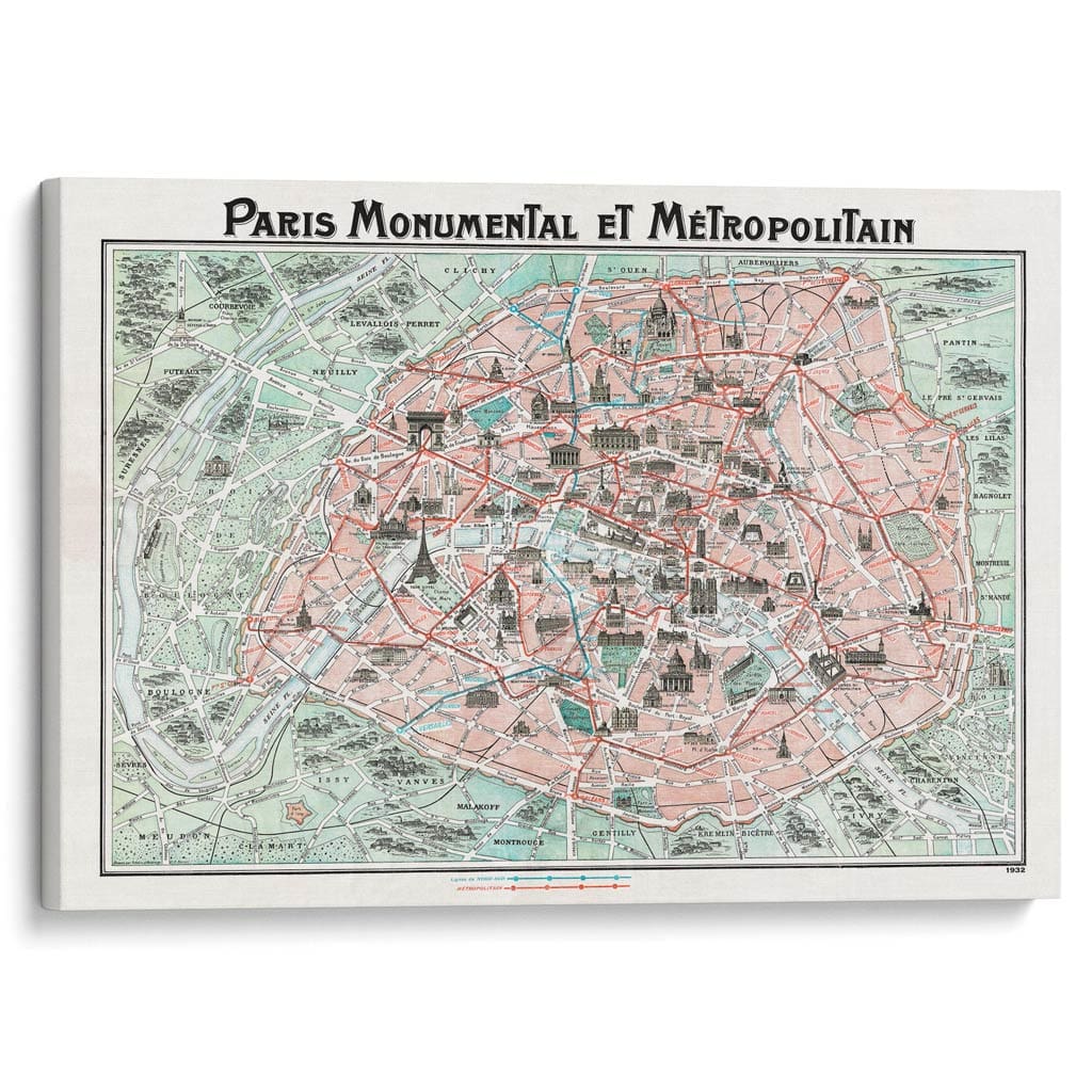 Paris Map | France A3 297 X 420Mm 11.7 16.5 Inches / Stretched Canvas Print Art