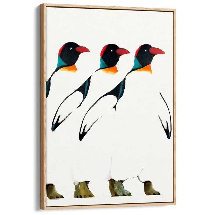 Penguin Parade | Poland A3 297 X 420Mm 11.7 16.5 Inches / Canvas Floating Frame - Natural Oak Timber