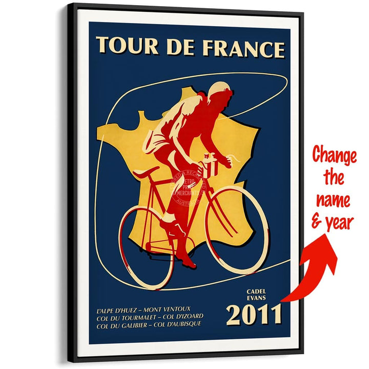 Personalised Tour De France | A3 297 X 420Mm 11.7 16.5 Inches / Canvas Floating Frame: Black Timber