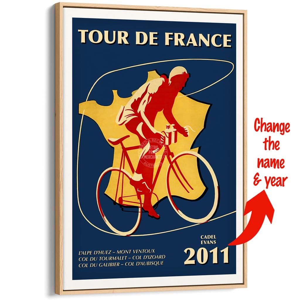 Personalised Tour De France | A3 297 X 420Mm 11.7 16.5 Inches / Canvas Floating Frame: Natural Oak