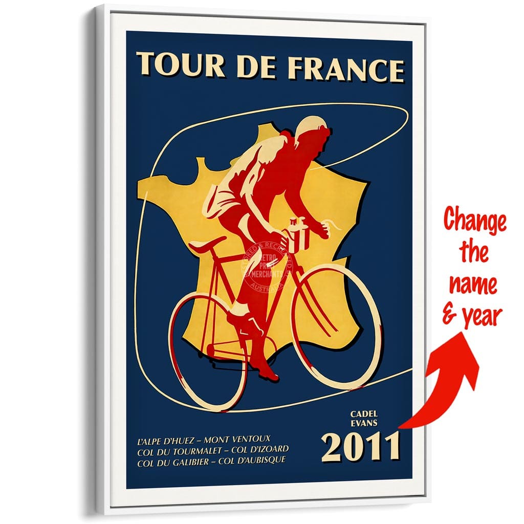 Personalised Tour De France | A3 297 X 420Mm 11.7 16.5 Inches / Canvas Floating Frame: White Timber