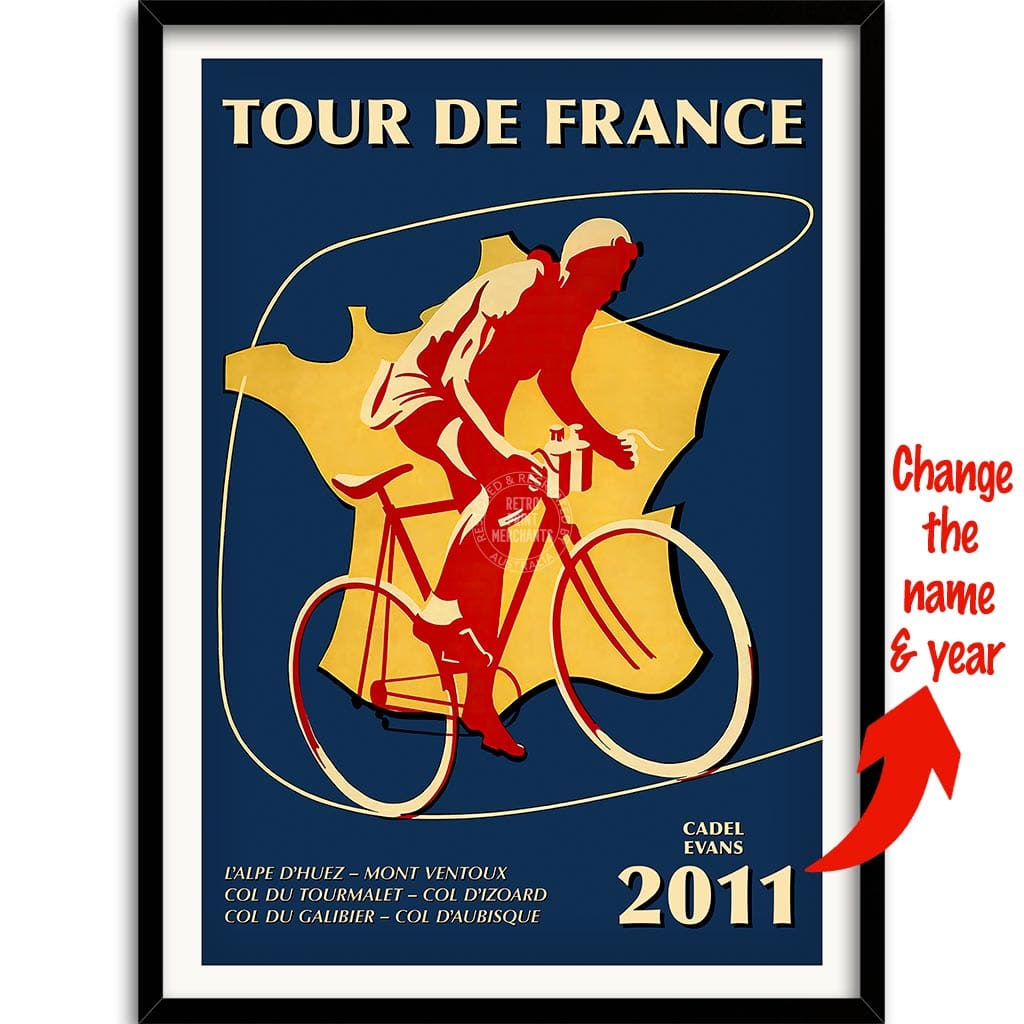 Personalised Tour De France | A3 297 X 420Mm 11.7 16.5 Inches / Framed Print: Black Timber Print Art