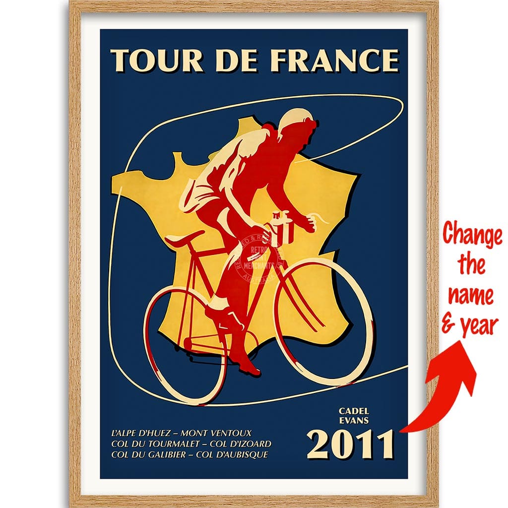Personalised Tour De France | A3 297 X 420Mm 11.7 16.5 Inches / Framed Print: Natural Oak Timber