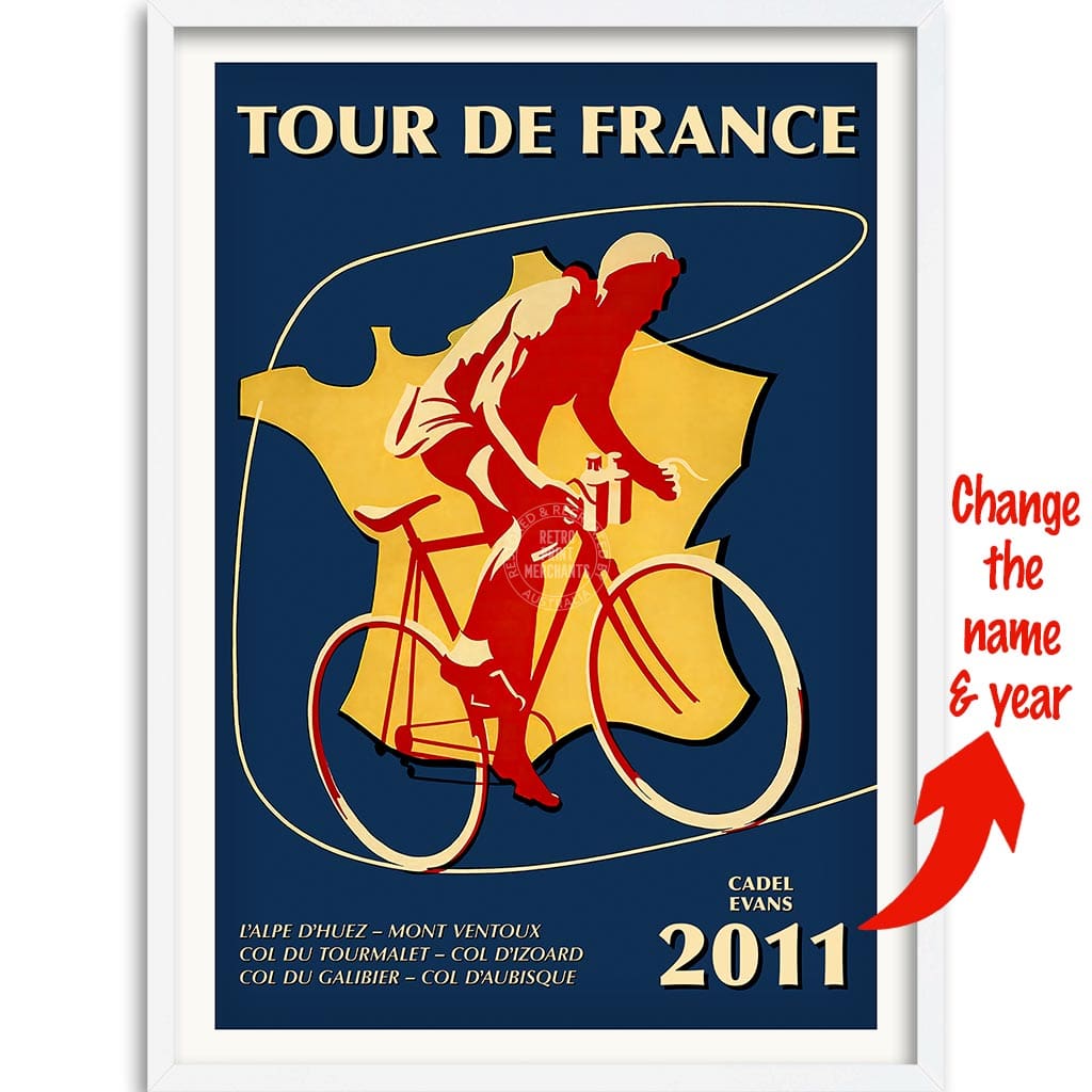 Personalised Tour De France | A3 297 X 420Mm 11.7 16.5 Inches / Framed Print: White Timber Print Art