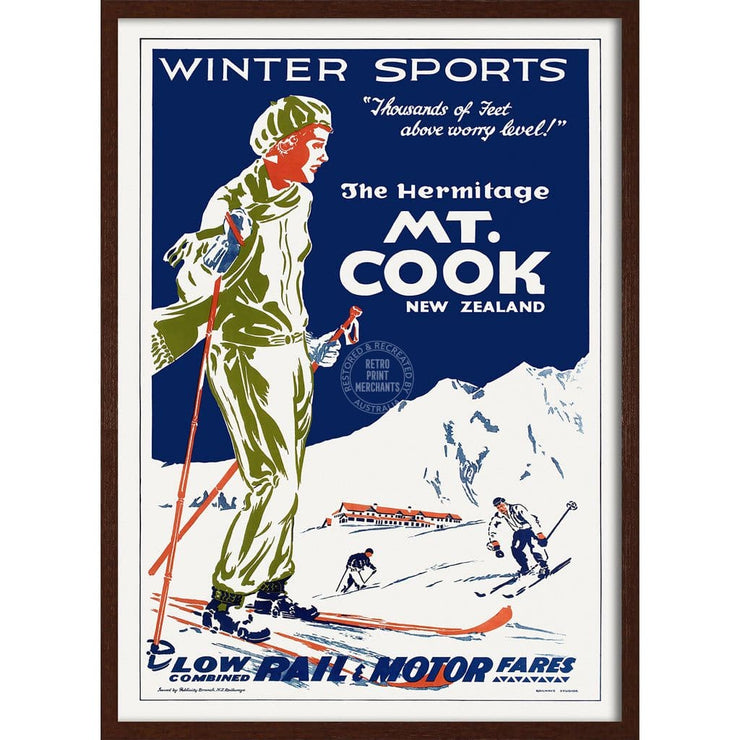 Ski Mt Cook | New Zealand 422Mm X 295Mm 16.6 11.6 A3 / Dark Oak Print Art