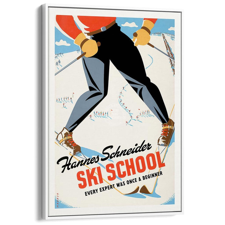 Ski School | Worldwide A3 297 X 420Mm 11.7 16.5 Inches / Canvas Floating Frame - White Timber Print