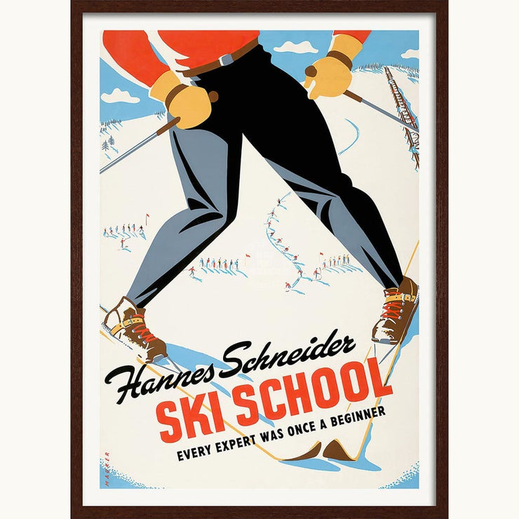 Ski School | Worldwide A3 297 X 420Mm 11.7 16.5 Inches / Framed Print - Dark Oak Timber Art