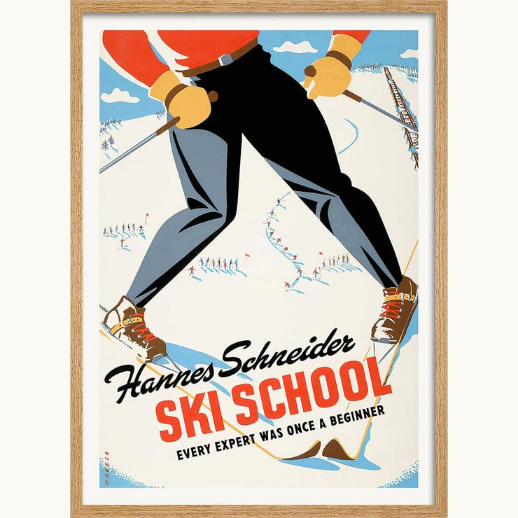 Ski School | Worldwide A3 297 X 420Mm 11.7 16.5 Inches / Framed Print - Natural Oak Timber Art