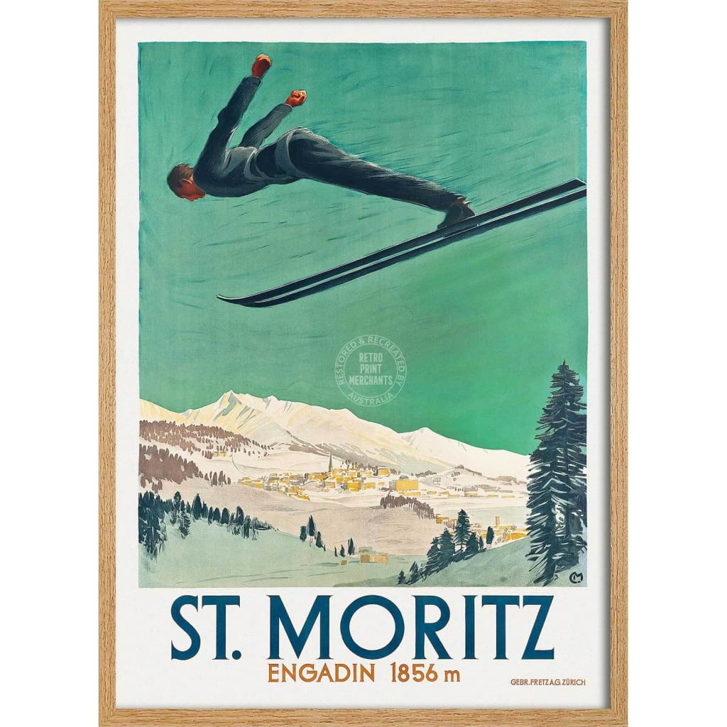 Ski St Moritz | Switzerland 422Mm X 295Mm 16.6 11.6 A3 / Natural Oak Print Art