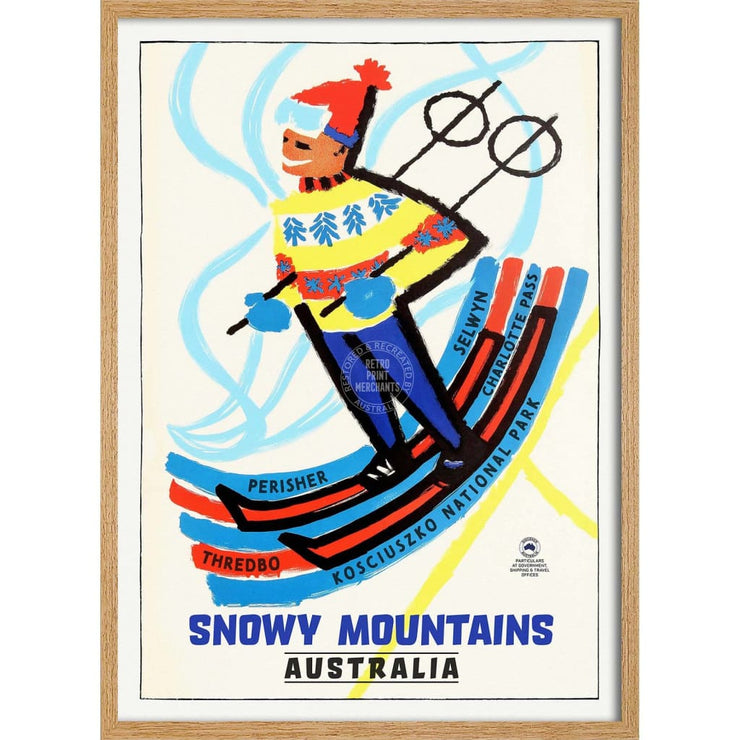 Ski The Snowy Mountains | Australia 422Mm X 295Mm 16.6 11.6 A3 / Natural Oak Print Art