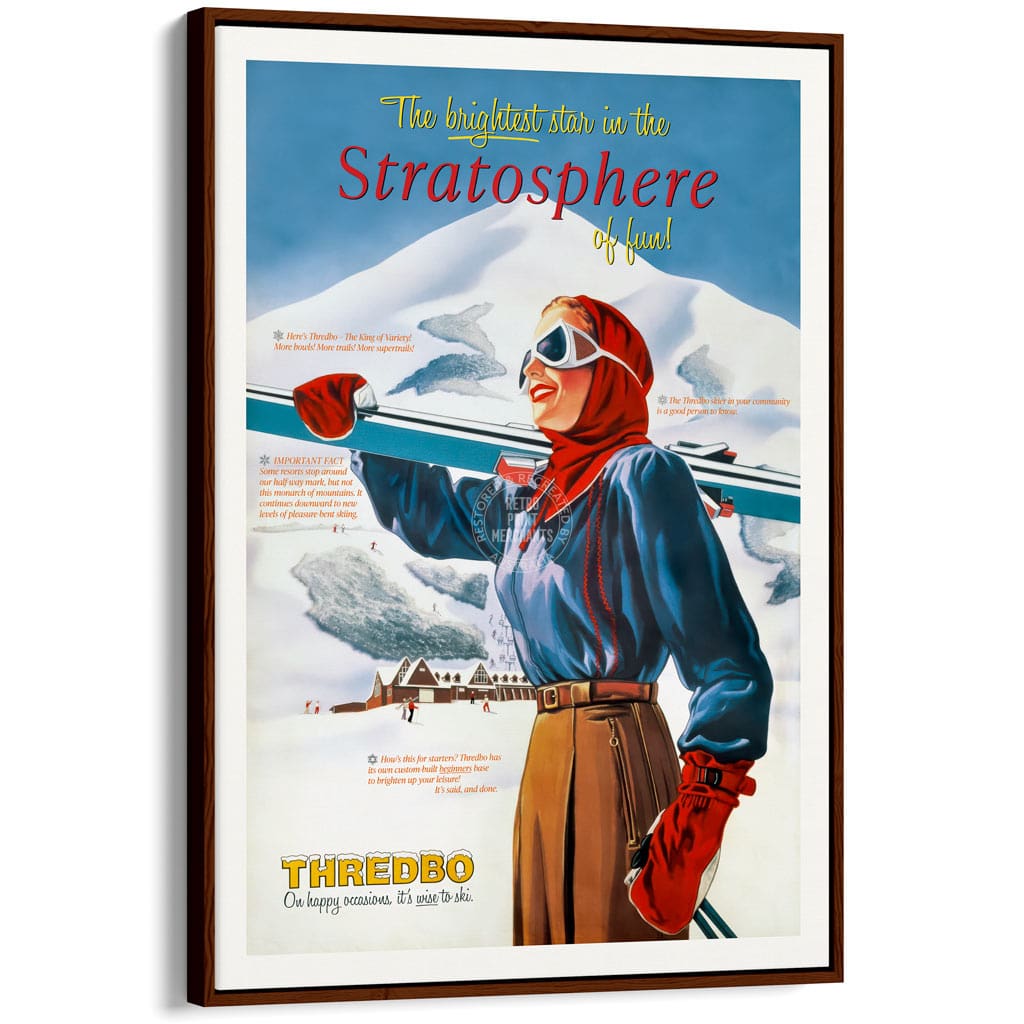 SKI THREDBO 1950 | AUSTRALIA A3 | 297 x 420mm | 11.7 x 16.5 inches / Canvas Floating Frame: Chocolate Oak Timber Print
