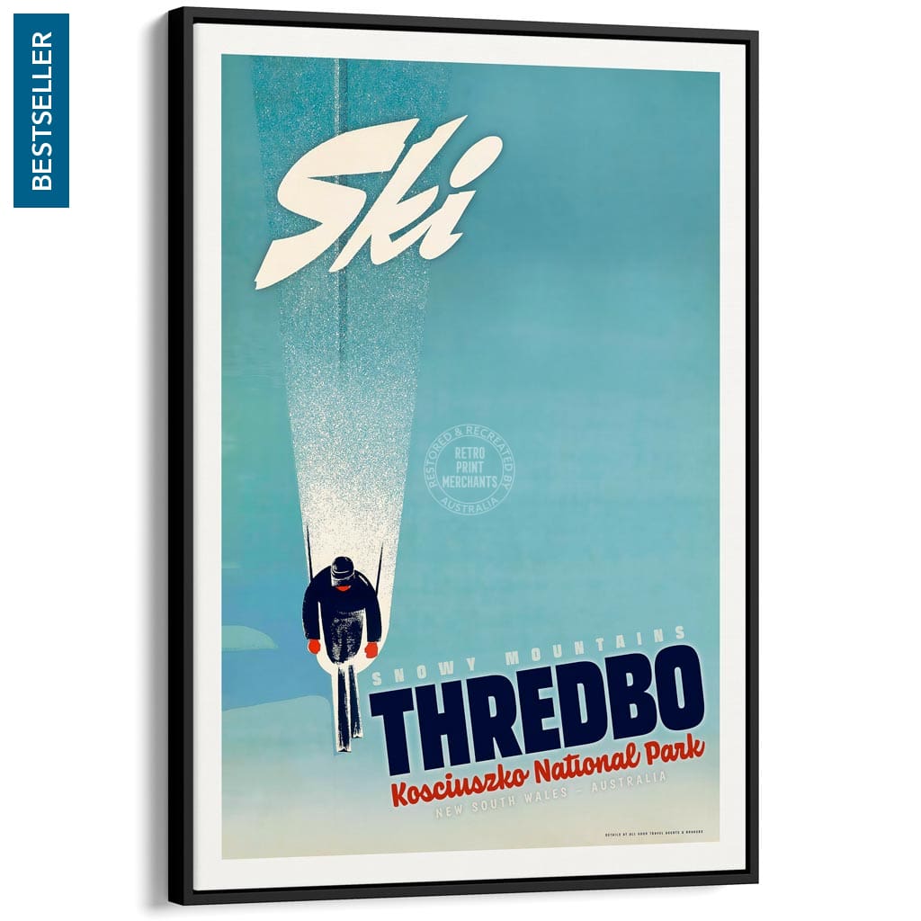 Ski Thredbo | Australia A4 210 X 297Mm 8.3 11.7 Inches / Canvas Floating Frame: Black Timber Print