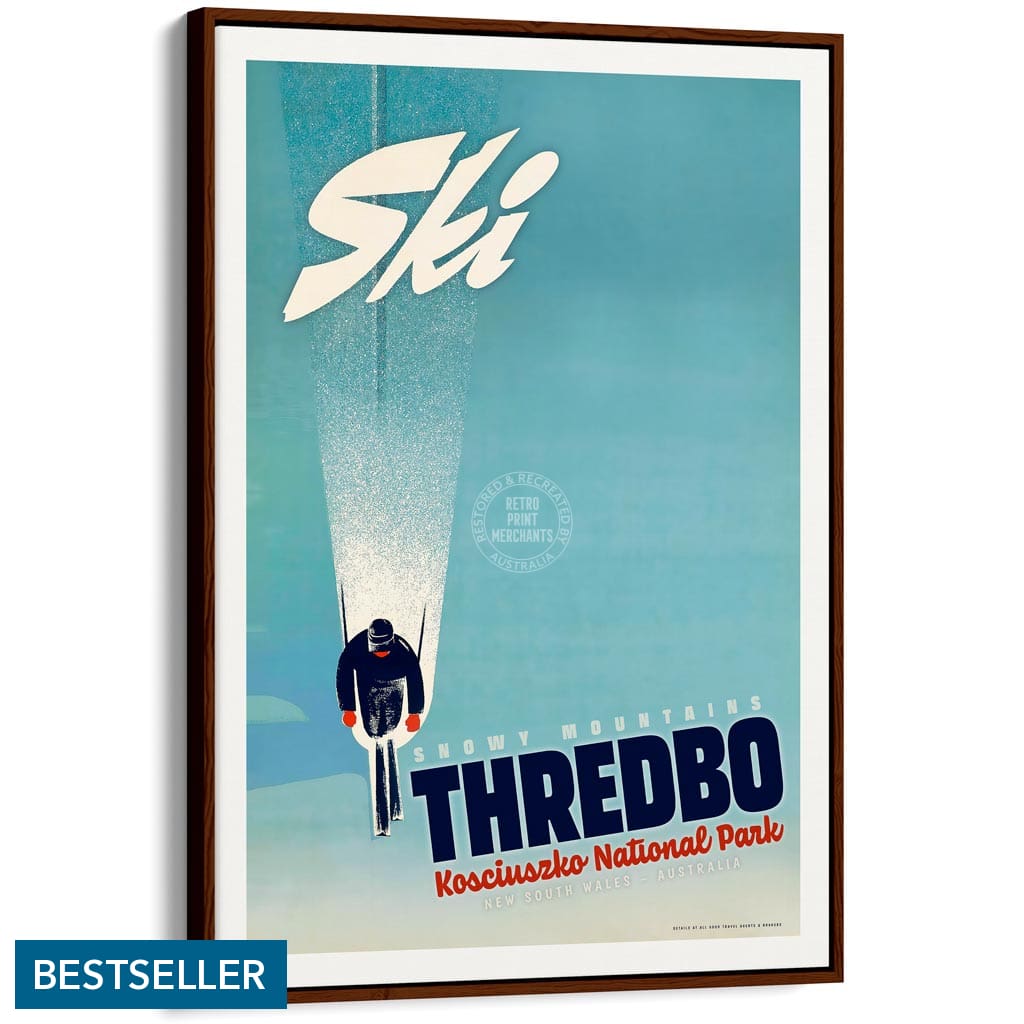Ski Thredbo | Australia A4 210 X 297Mm 8.3 11.7 Inches / Canvas Floating Frame: Chocolate Oak Timber