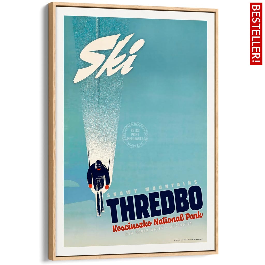 Ski Thredbo | Australia A4 210 X 297Mm 8.3 11.7 Inches / Canvas Floating Frame: Natural Oak Timber