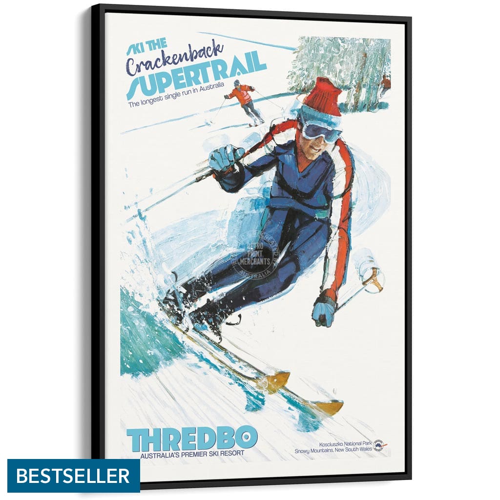 SKI THREDBO SUPERTRAIL | AUSTRALIA A3 | 297 x 420mm | 11.7 x 16.5 inches / Canvas Floating Frame: Black Timber Print Art