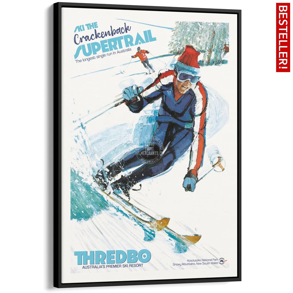 SKI THREDBO SUPERTRAIL | AUSTRALIA A3 | 297 x 420mm | 11.7 x 16.5 inches / Canvas Floating Frame: Black Timber Print Art