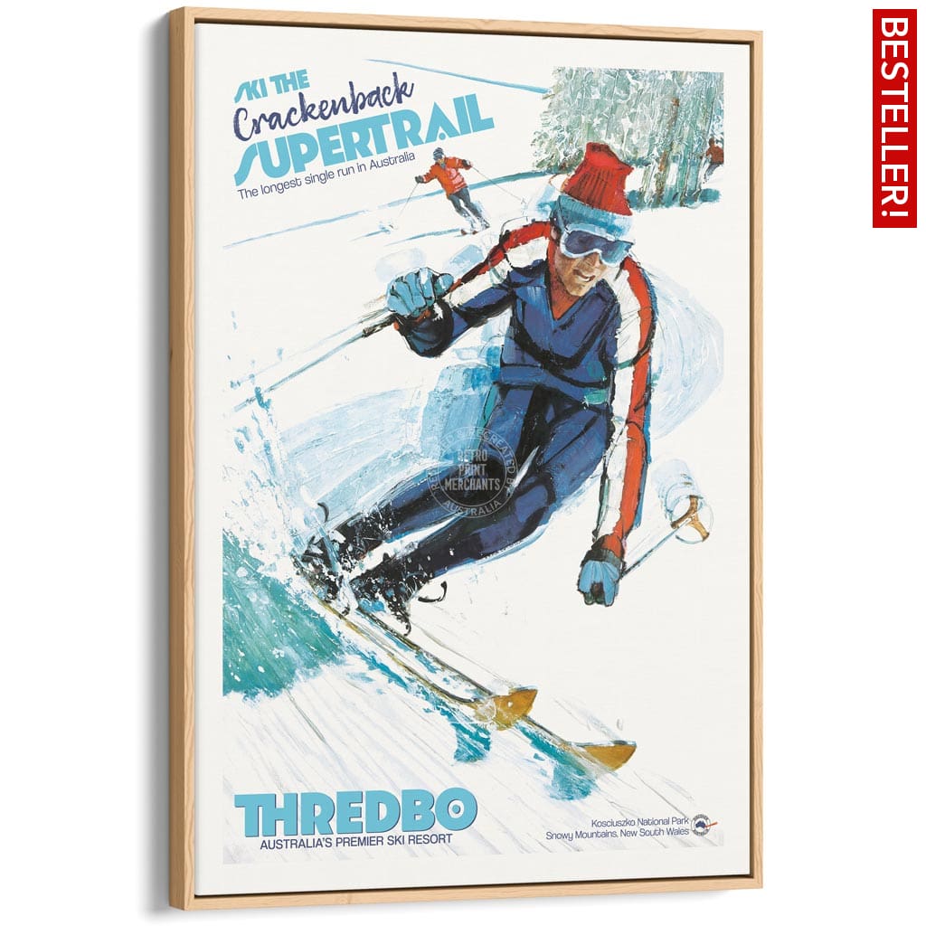 SKI THREDBO SUPERTRAIL | AUSTRALIA A3 | 297 x 420mm | 11.7 x 16.5 inches / Canvas Floating Frame: Natural Oak Timber