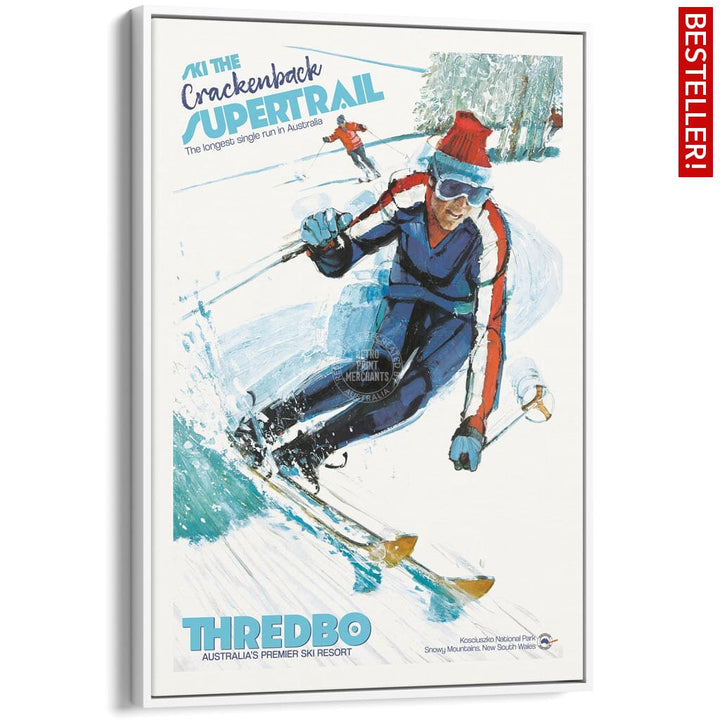 SKI THREDBO SUPERTRAIL | AUSTRALIA A3 | 297 x 420mm | 11.7 x 16.5 inches / Canvas Floating Frame: White Timber Print Art