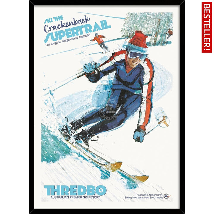 SKI THREDBO SUPERTRAIL | AUSTRALIA A3 | 297 x 420mm | 11.7 x 16.5 inches / Framed Print: Black Timber Print Art