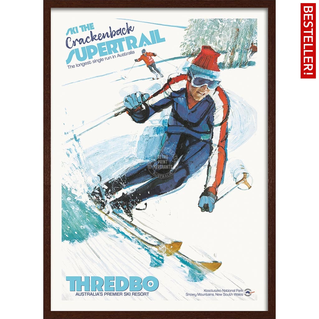 SKI THREDBO SUPERTRAIL | AUSTRALIA A3 | 297 x 420mm | 11.7 x 16.5 inches / Framed Print: Chocolate Oak Timber Print Art