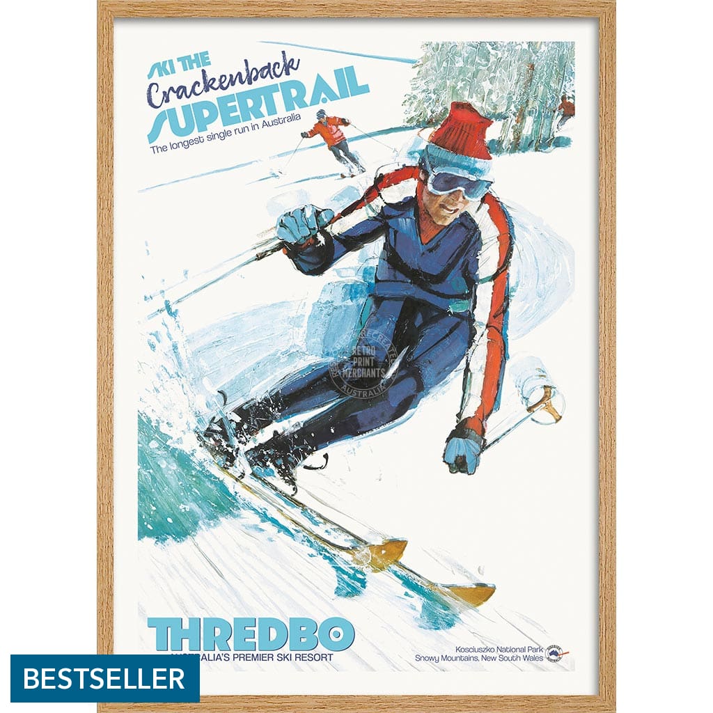 SKI THREDBO SUPERTRAIL | AUSTRALIA A3 | 297 x 420mm | 11.7 x 16.5 inches / Framed Print: Natural Oak Timber Print Art