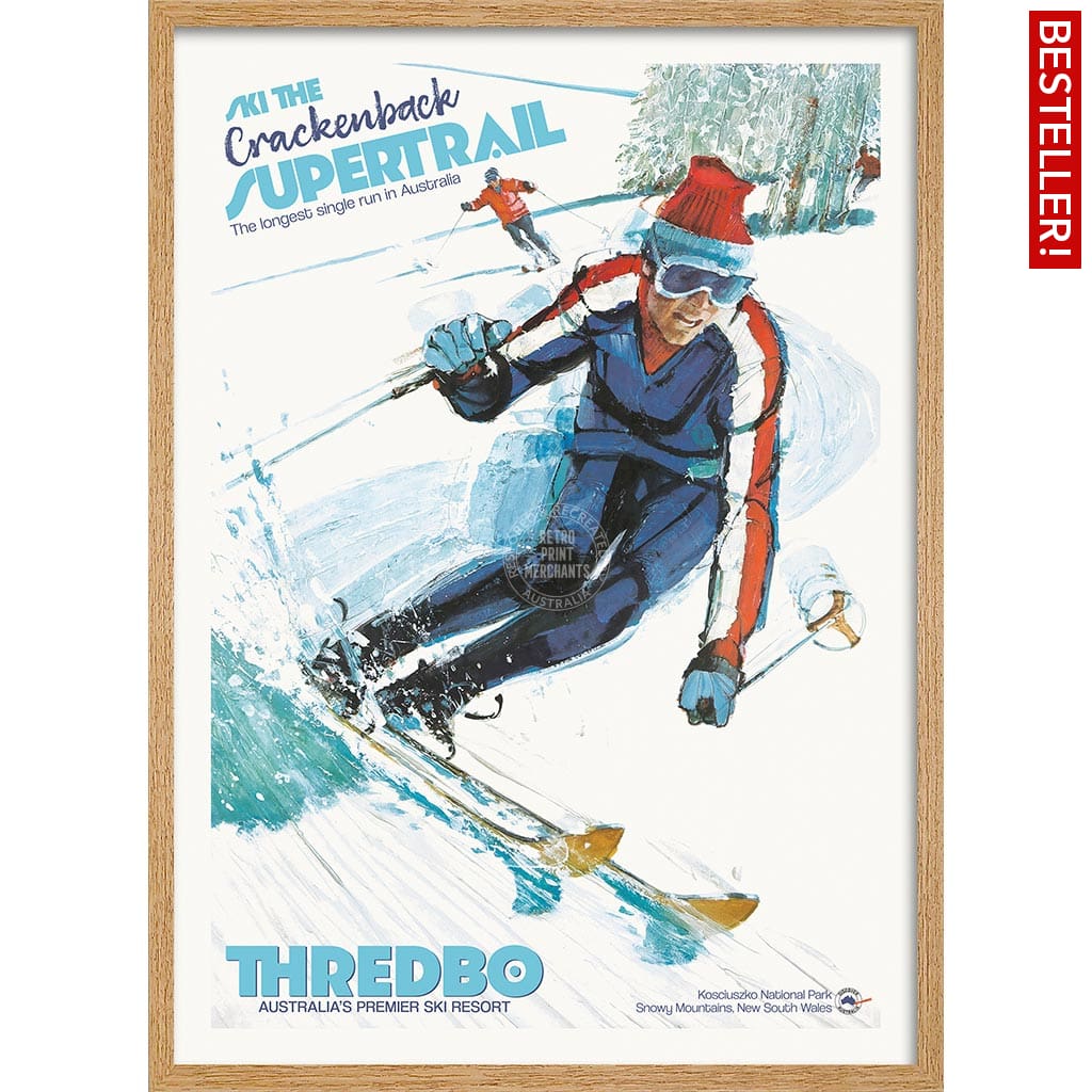 SKI THREDBO SUPERTRAIL | AUSTRALIA A3 | 297 x 420mm | 11.7 x 16.5 inches / Framed Print: Natural Oak Timber Print Art