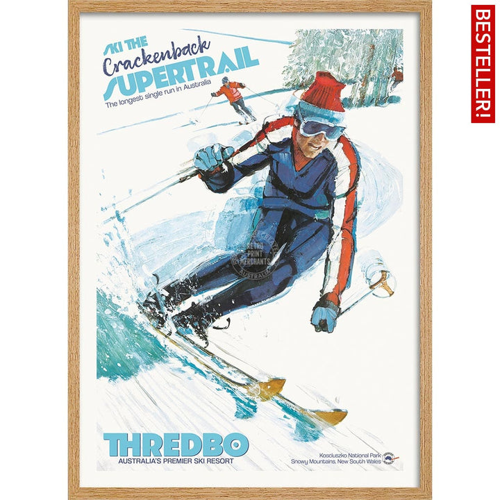 SKI THREDBO SUPERTRAIL | AUSTRALIA A3 | 297 x 420mm | 11.7 x 16.5 inches / Framed Print: Natural Oak Timber Print Art