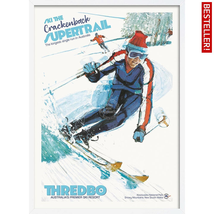SKI THREDBO SUPERTRAIL | AUSTRALIA A3 | 297 x 420mm | 11.7 x 16.5 inches / Framed Print: White Timber Print Art