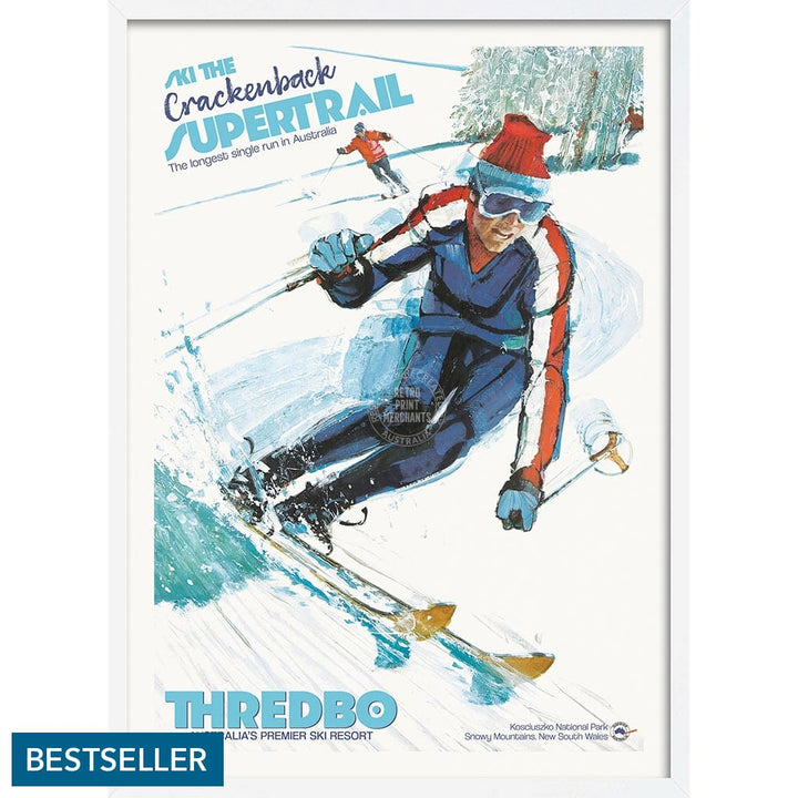 SKI THREDBO SUPERTRAIL | AUSTRALIA A3 | 297 x 420mm | 11.7 x 16.5 inches / Framed Print: White Timber Print Art
