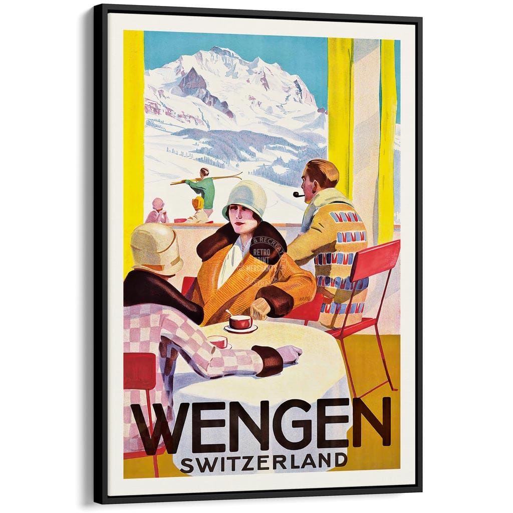 SKI WENGEN | SWITZERLAND A3 | 297 x 420mm | 11.7 x 16.5 inches / Canvas Floating Frame: Black Timber Print Art