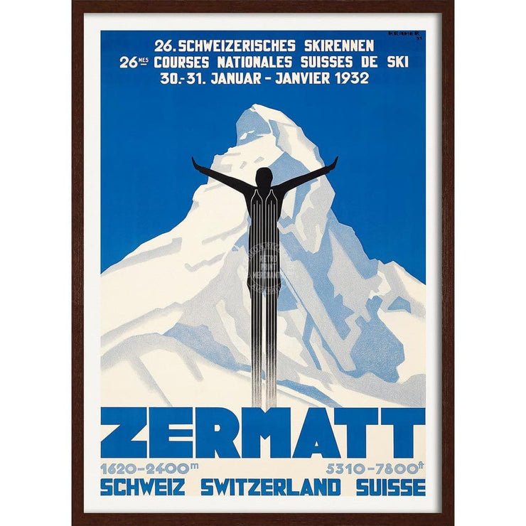 Skiing Zermatt | Switzerland 422Mm X 295Mm 16.6 11.6 A3 / Dark Oak Print Art