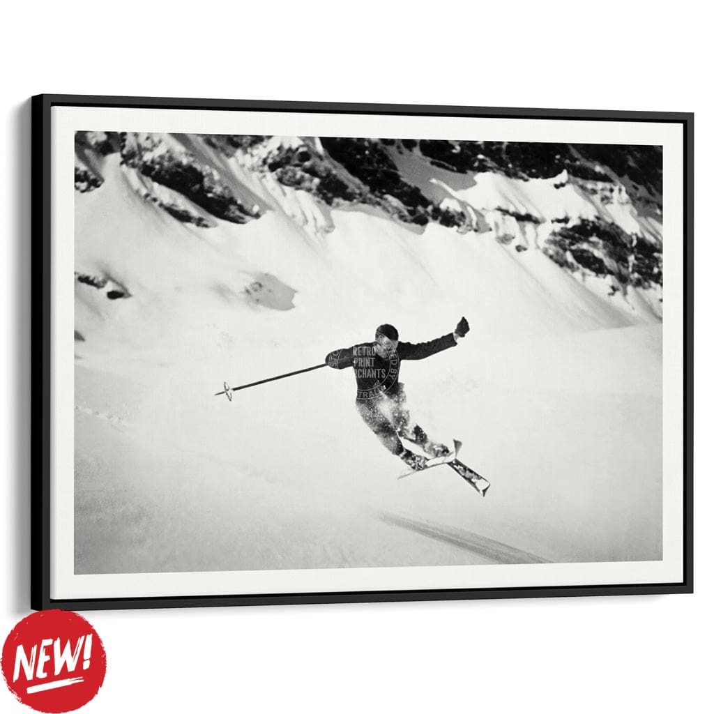 Skiing The Alps | Switzerland A4 210 X 297Mm 8.3 11.7 Inches / Canvas Floating Frame: Black Timber