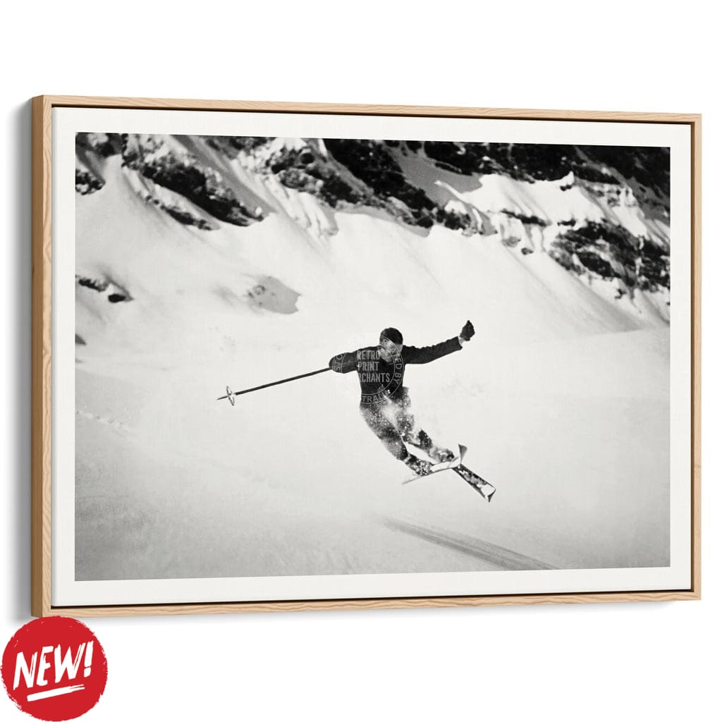 Skiing The Alps | Switzerland A4 210 X 297Mm 8.3 11.7 Inches / Canvas Floating Frame: Natural Oak