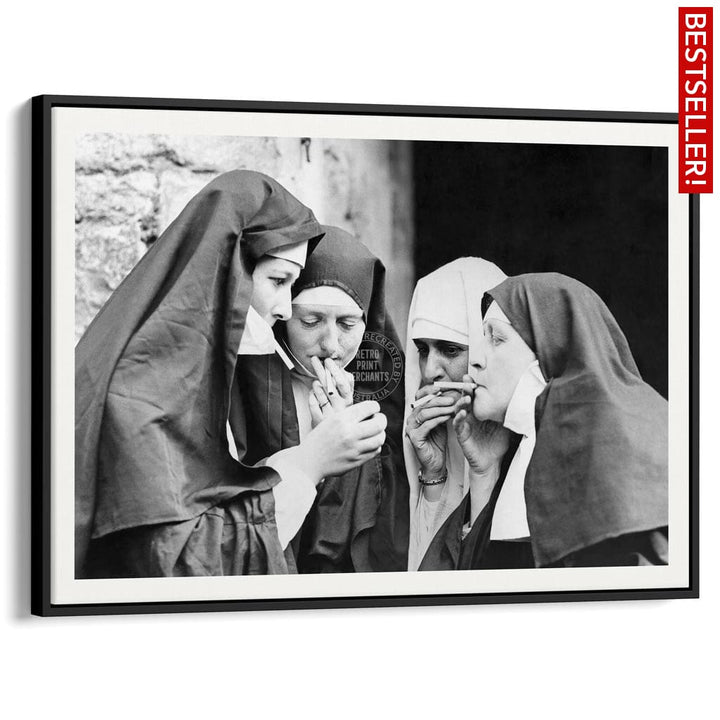 Smoking Nuns | Uk A4 210 X 297Mm 8.3 11.7 Inches / Canvas Floating Frame: Black Timber Print Art