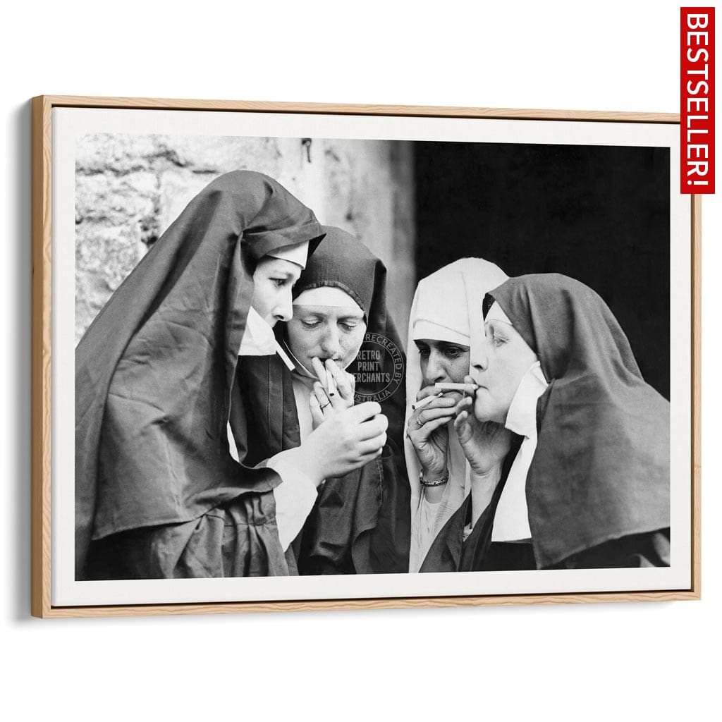 Smoking Nuns | Uk A4 210 X 297Mm 8.3 11.7 Inches / Canvas Floating Frame: Natural Oak Timber Print