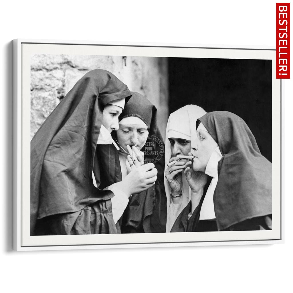 Smoking Nuns | Uk A4 210 X 297Mm 8.3 11.7 Inches / Canvas Floating Frame: White Timber Print Art