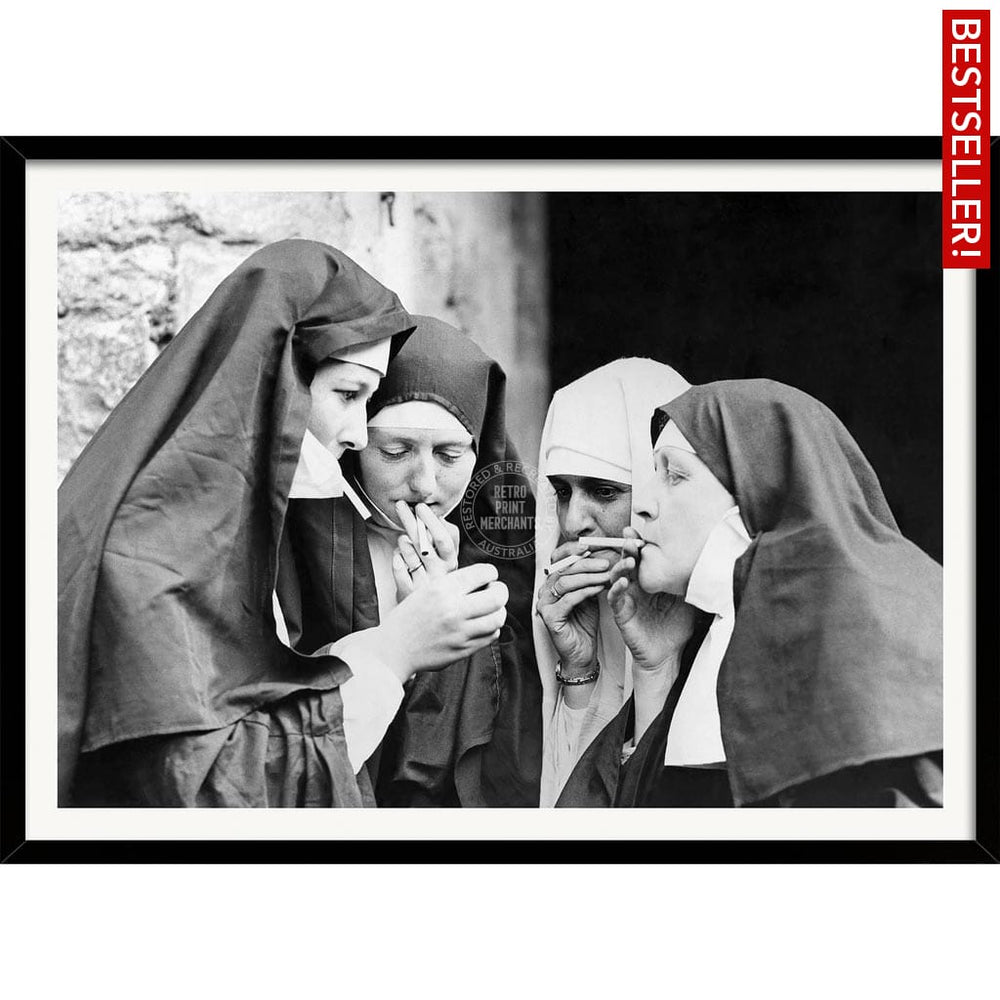 Smoking Nuns | Uk A4 210 X 297Mm 8.3 11.7 Inches / Framed Print: Black Timber Print Art