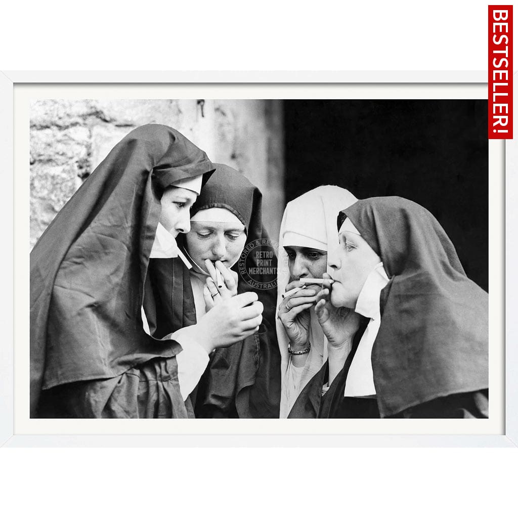 Smoking Nuns | Uk A4 210 X 297Mm 8.3 11.7 Inches / Framed Print: White Timber Print Art
