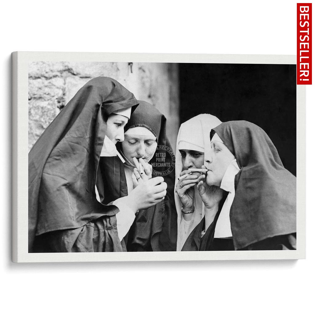 Smoking Nuns | Uk A4 210 X 297Mm 8.3 11.7 Inches / Stretched Canvas Print Art