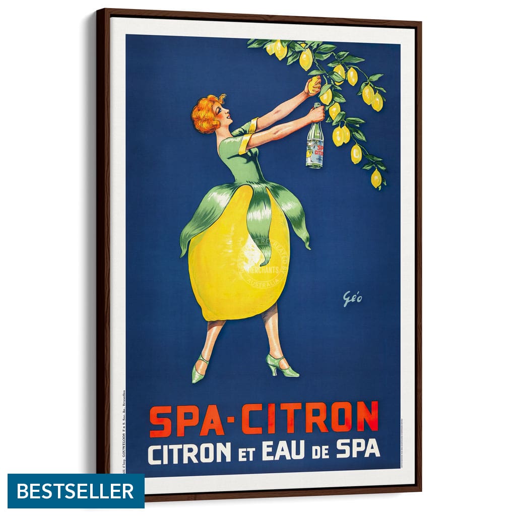 Spa Citron 1930 | Belgium A3 297 X 420Mm 11.7 16.5 Inches / Canvas Floating Frame - Dark Oak Timber