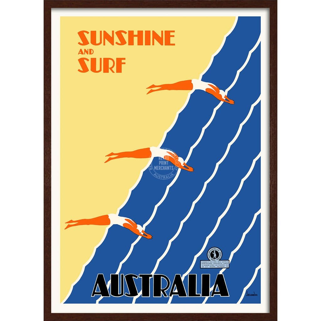 Sunshine And Surf 3 Divers | Australia 422Mm X 295Mm 16.6 11.6 A3 / Dark Oak Print Art