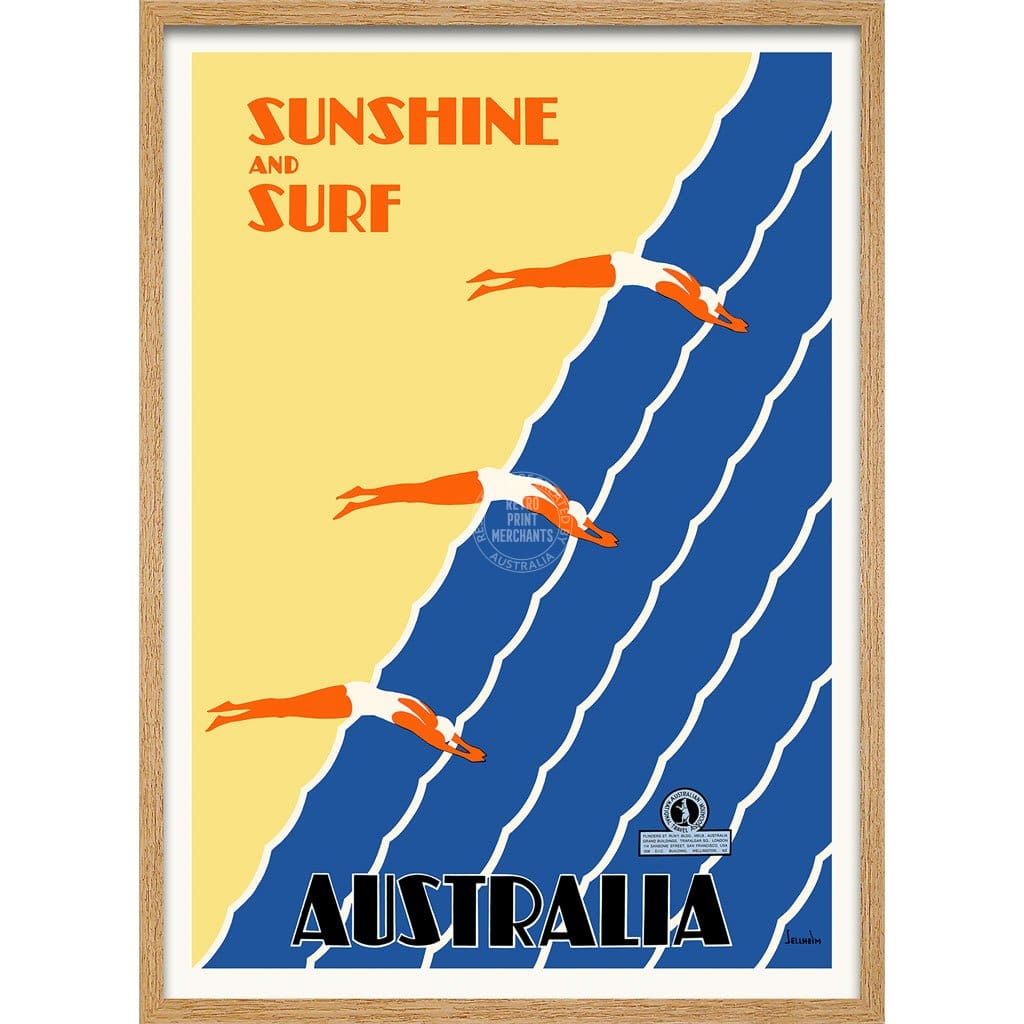 Sunshine And Surf 3 Divers | Australia 422Mm X 295Mm 16.6 11.6 A3 / Natural Oak Print Art