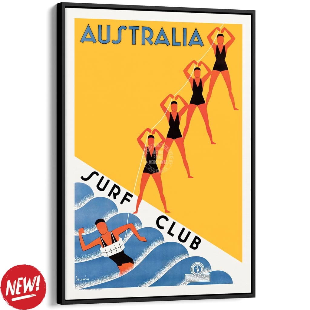 Surf Club 1936 | Australia A3 297 X 420Mm 11.7 16.5 Inches / Canvas Floating Frame: Black Timber