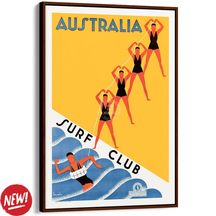 Surf Club 1936 | Australia A3 297 X 420Mm 11.7 16.5 Inches / Canvas Floating Frame: Chocolate Oak