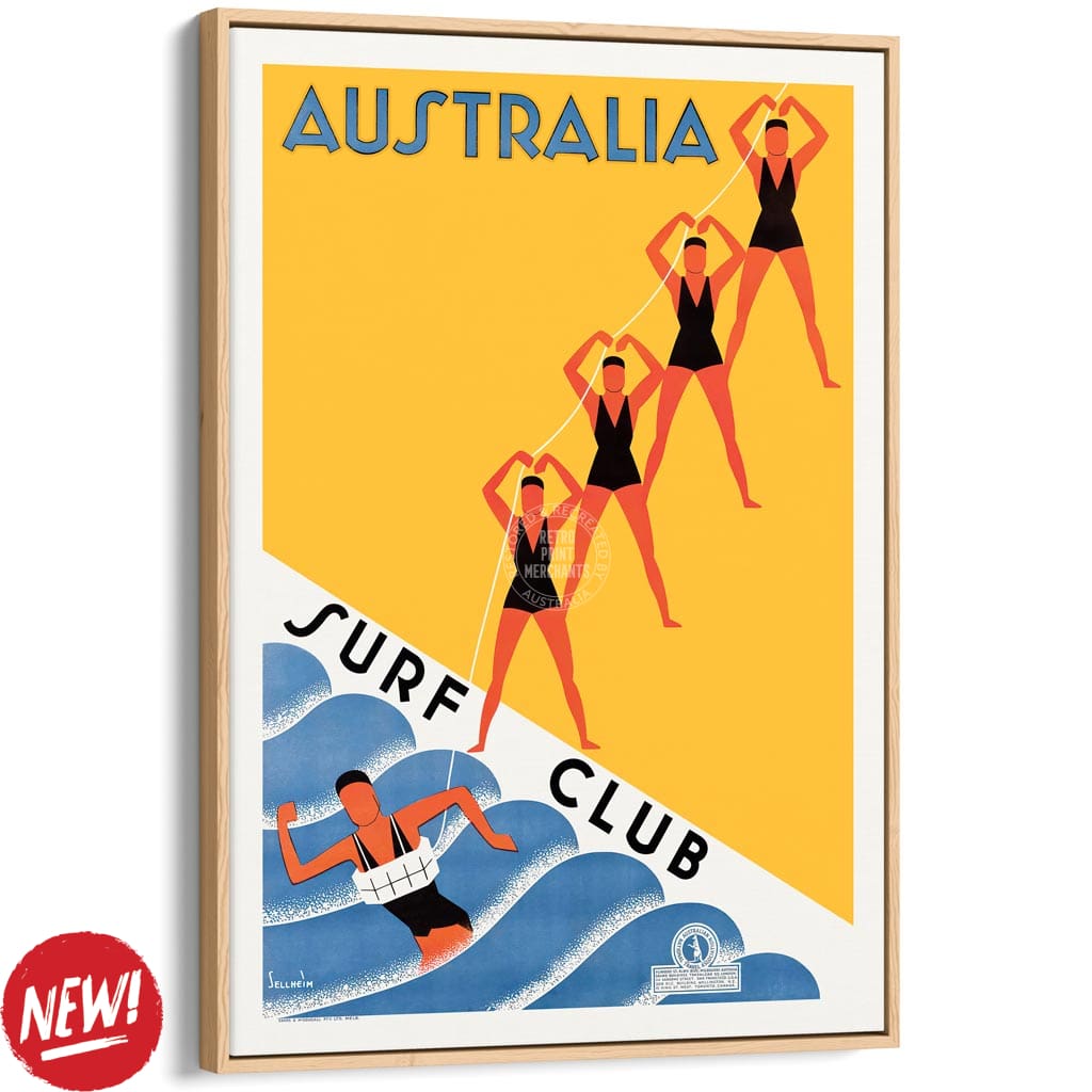 Surf Club 1936 | Australia A3 297 X 420Mm 11.7 16.5 Inches / Canvas Floating Frame: Natural Oak