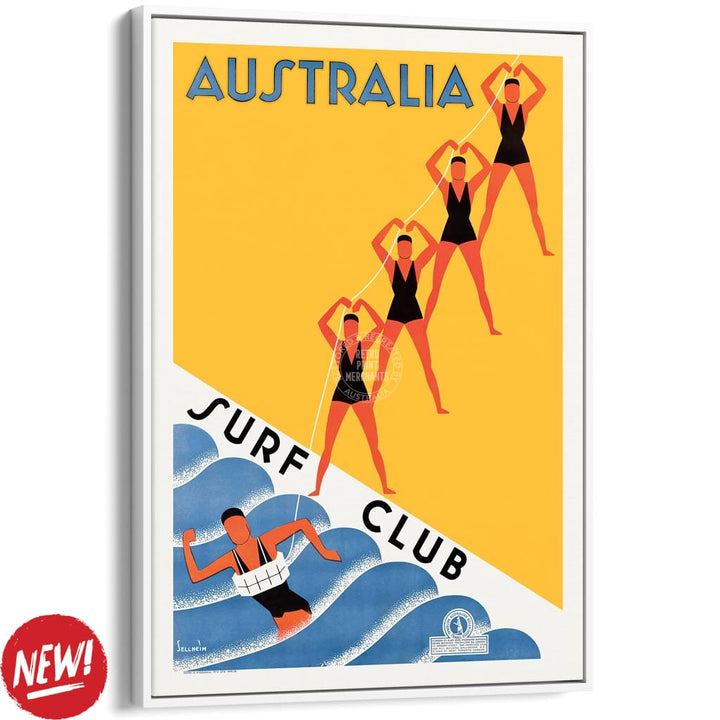 Surf Club 1936 | Australia A3 297 X 420Mm 11.7 16.5 Inches / Canvas Floating Frame: White Timber